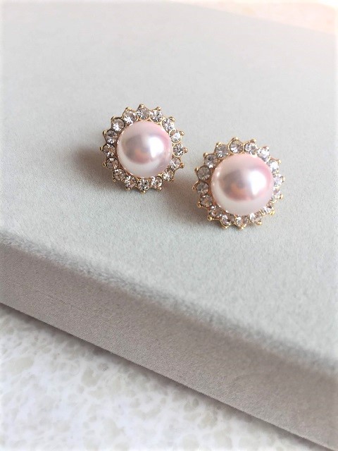 パール×ラインストーンフラワーピアス（ゴールド）