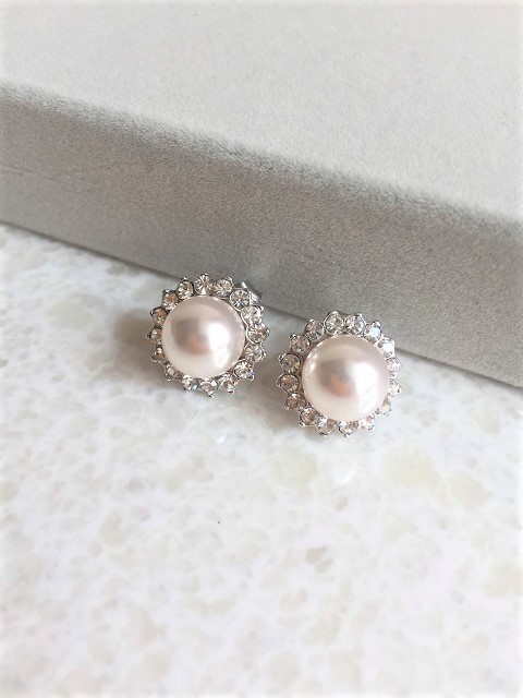 パール×ラインストーンフラワーピアス（シルバー）