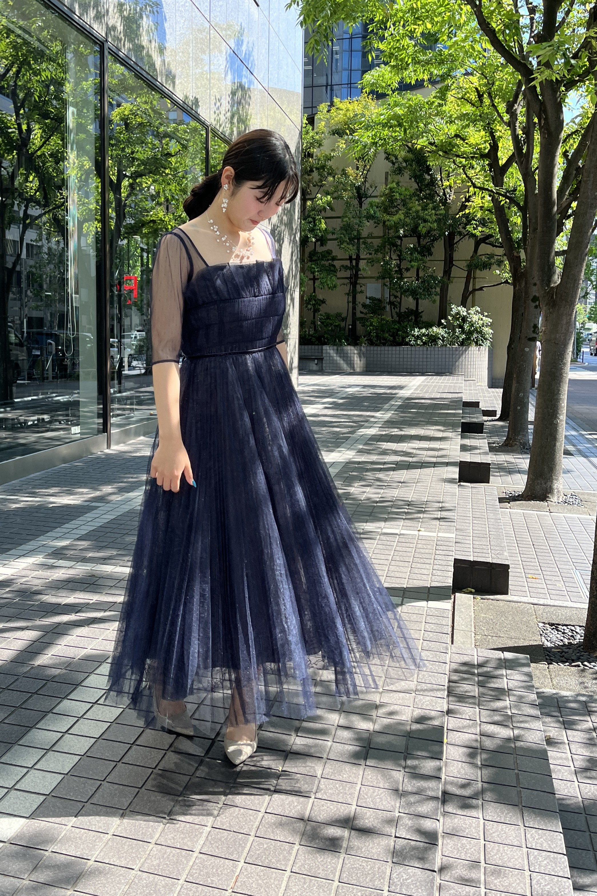 【FRAY I.D】　ネイビーチュールプリーツスカート（1）